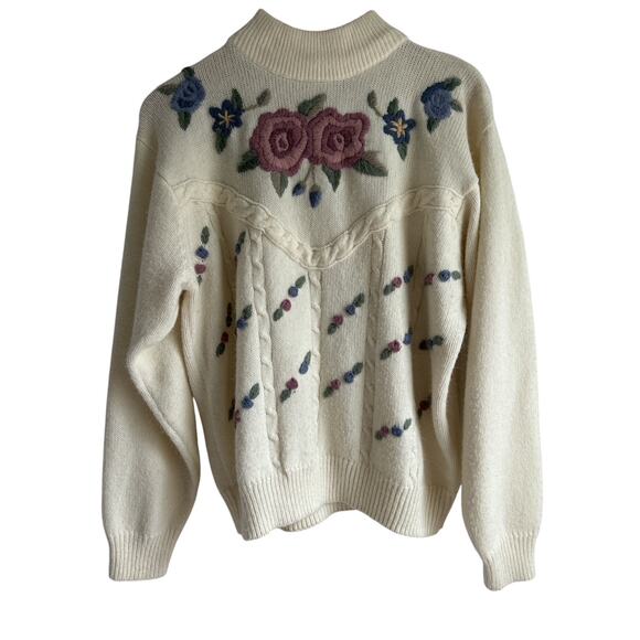 Vintage Alfred Dunner XL Cream Floral Embroidered Mock Neck Cable Knit Sweater - Picture 1 of 6